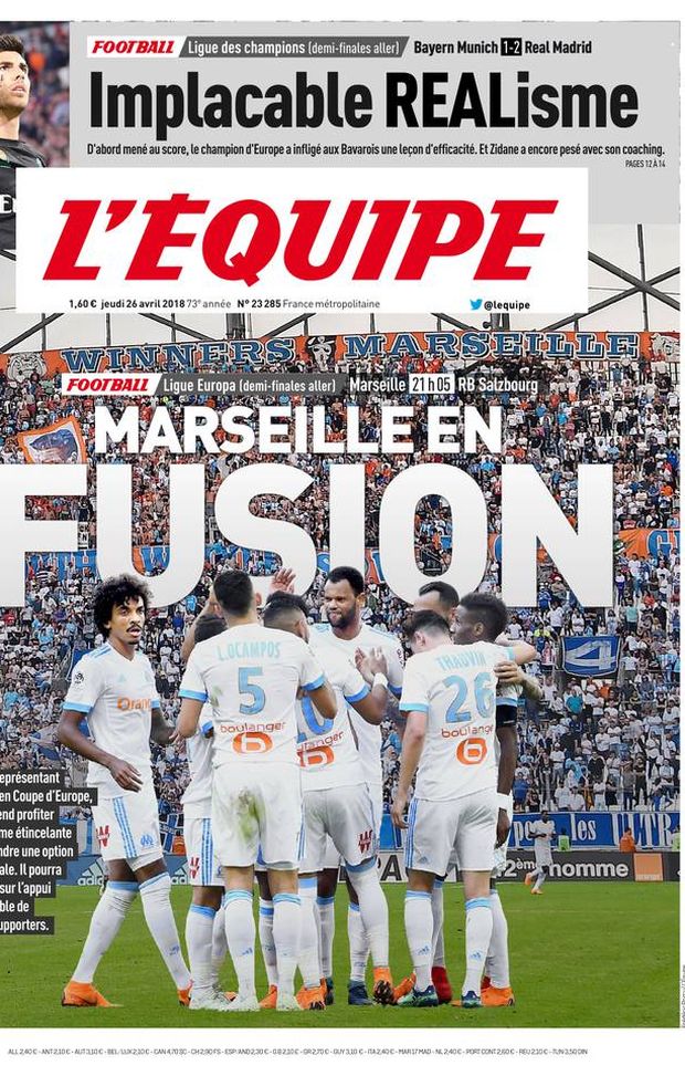 Prima Pagina, L’Équipe: “Marsiglia in estasi. L’OM per prendersi un posto in finale. Implacabile REALismo. Zidane…” Prima Pagina, L’Équipe: “Marsiglia in estasi. L’OM per prendersi un posto in finale. Implacabile REALismo. Zidane…”