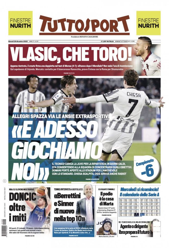 Tuttosport, la prima pagina di oggi, giovedì 29 dicembre 2022