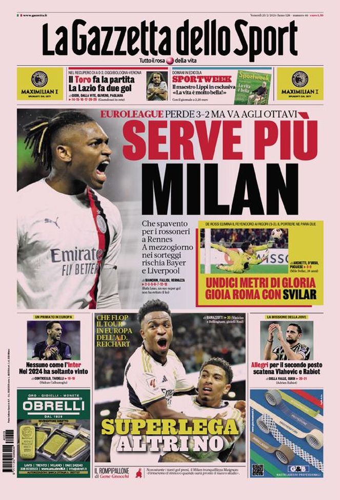 Prima Pagina Gazzetta dello Sport 23-02-2024