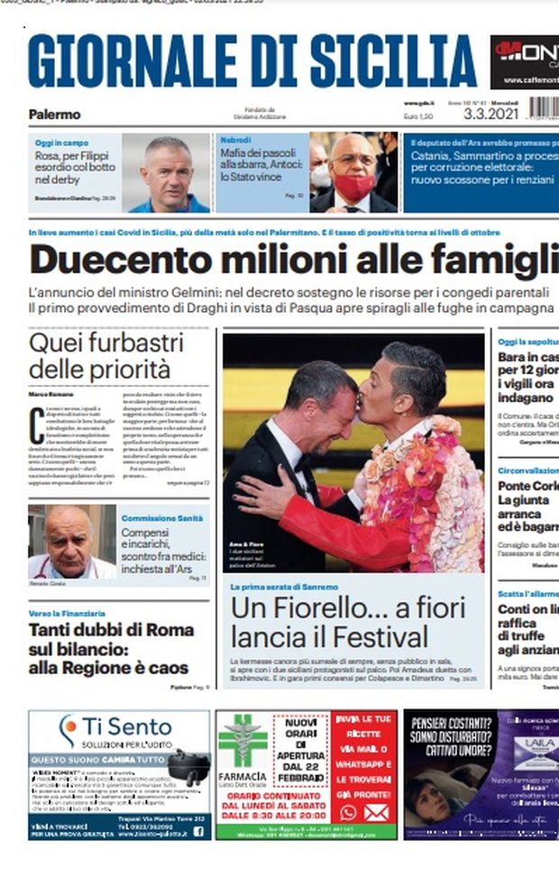 Prima Pagina, Giornale di Sicilia: “Duecento milioni alle famiglie. Rosa, per Filippi esordio col botto nel derby” Prima Pagina, Giornale di Sicilia: “Duecento milioni alle famiglie. Rosa, per Filippi esordio col botto nel derby”