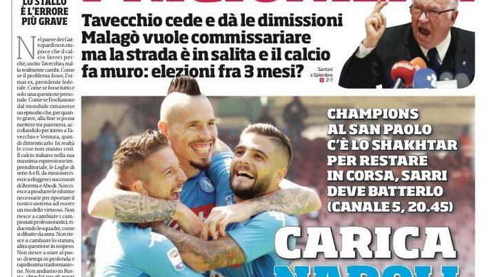 Prima Pagina, Corriere dello Sport: &#8220;Carica Napoli. Palla prigioniera. Palermo, dopo il tribunale che crollo&#8221; 