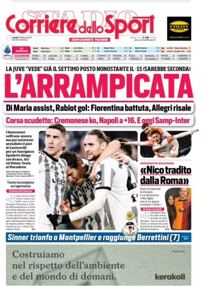 EDICOLA / CdS: Juve, l’arrampicata: è settima. Napoli a +16. E oggi Samp-Inter EDICOLA / CdS: Juve, l’arrampicata: è settima. Napoli a +16. E oggi Samp-Inter - immagine 1