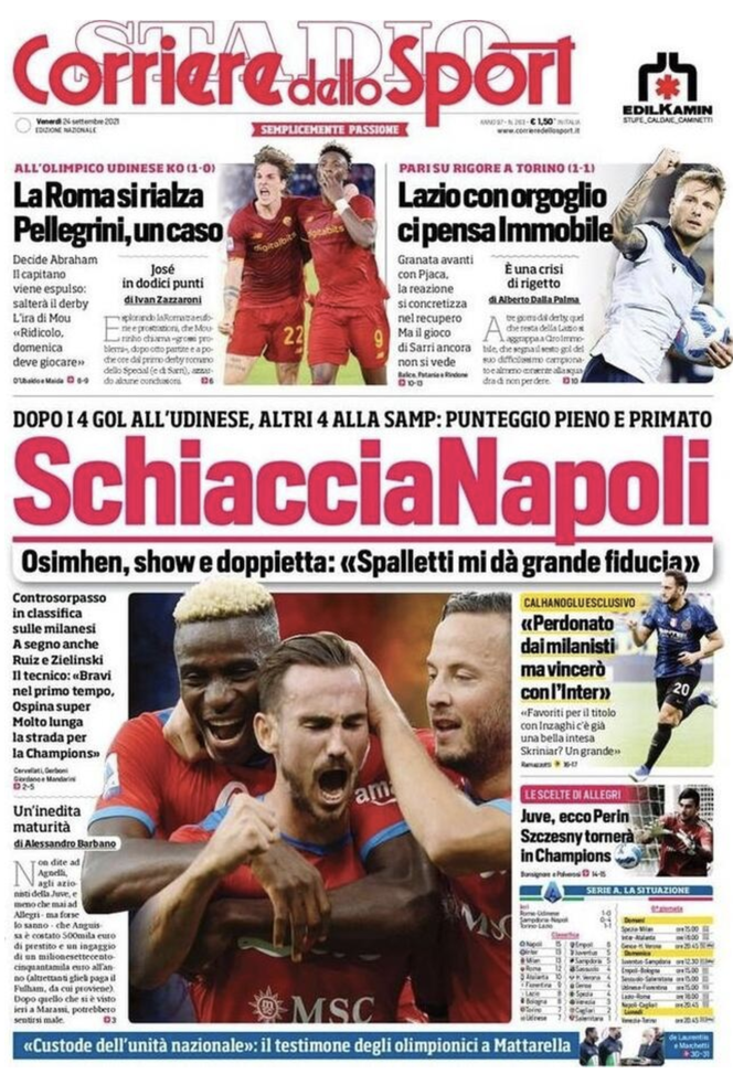 Prima Pagina, Corriere dello Sport: “Schiaccia Napoli. La Roma si rialza”  Prima Pagina, Corriere dello Sport: “Schiaccia Napoli. La Roma si rialza”