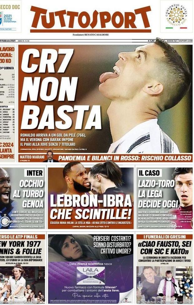 Prima Pagina, Tuttosport: “CR7 non basta. Lebron-Ibra, che scintille! Ilicic 2024, Atalanta per sempre” Prima Pagina, Tuttosport: “CR7 non basta. Lebron-Ibra, che scintille! Ilicic 2024, Atalanta per sempre”