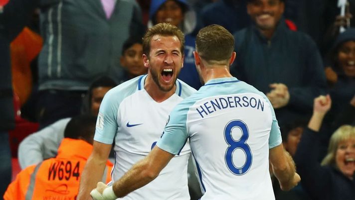 LONDON, ENGLAND - OCTOBER 05: Harry Kane of England (9) celebrates as he scores their first goal with Jordan Henderson of England during the FIFA 2018 World Cup Group F Qualifier between England and Slovenia at Wembley Stadium on October 5, 2017 in London, England. (Photo by Clive Rose/Getty Images) LONDON, ENGLAND - OCTOBER 05: Harry Kane of England (9) celebrates as he scores their first goal with Jordan Henderson of England during the FIFA 2018 World Cup Group F Qualifier between England and Slovenia at Wembley Stadium on October 5, 2017 in London, England. (Photo by Clive Rose/Getty Images)