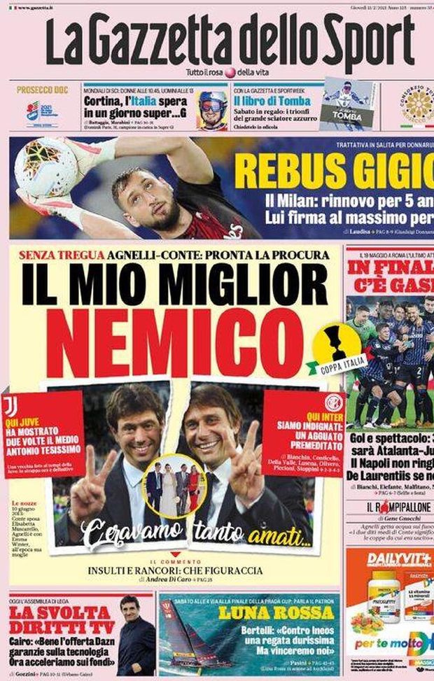 La Gazzetta dello Sport, la prima pagina di oggi, giovedì 11 febbraio 2021 