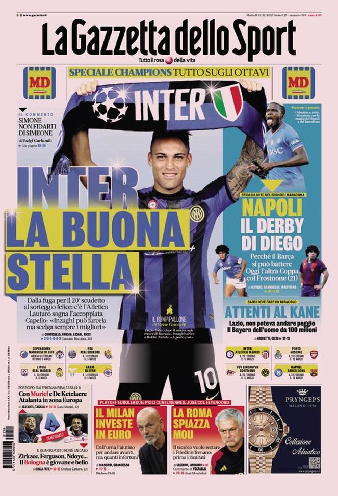 La prima pagine de La Gazzetta dello Sport 19/12/2023