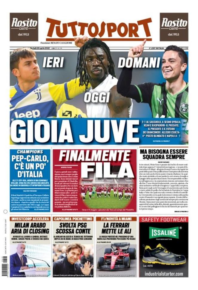 Prima Pagina, Tuttosport: “Milan arabo, aria di closing. Gioia Juve”  Prima Pagina