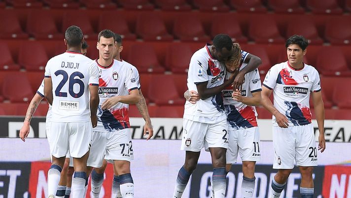 BENEVENTO, ITALY - MAY 16: Simy Nwankwo of F.C. Crotone celebrates after scoring their team's first goal with Denis Dragus of F.C. Crotone during the Serie A match between Benevento Calcio and FC Crotone at Stadio Ciro Vigorito on May 16, 2021 in Benevento, Italy. Sporting stadiums around Italy remain under strict restrictions due to the Coronavirus Pandemic as Government social distancing laws prohibit fans inside venues resulting in games being played behind closed doors. (Photo by Francesco Pecoraro/Getty Images) BENEVENTO, ITALY - MAY 16: Simy Nwankwo of F.C. Crotone celebrates after scoring their team's first goal with Denis Dragus of F.C. Crotone during the Serie A match between Benevento Calcio and FC Crotone at Stadio Ciro Vigorito on May 16, 2021 in Benevento, Italy. Sporting stadiums around Italy remain under strict restrictions due to the Coronavirus Pandemic as Government social distancing laws prohibit fans inside venues resulting in games being played behind closed doors. (Photo by Francesco Pecoraro/Getty Images)